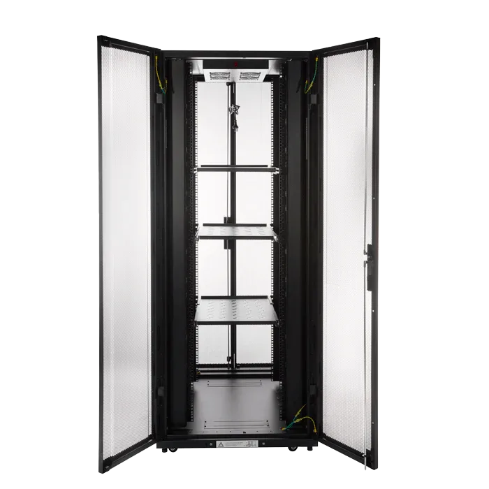 42RU server rack with bi-fold mesh doors, 800mm wide and deep, freestanding steel frame for data management