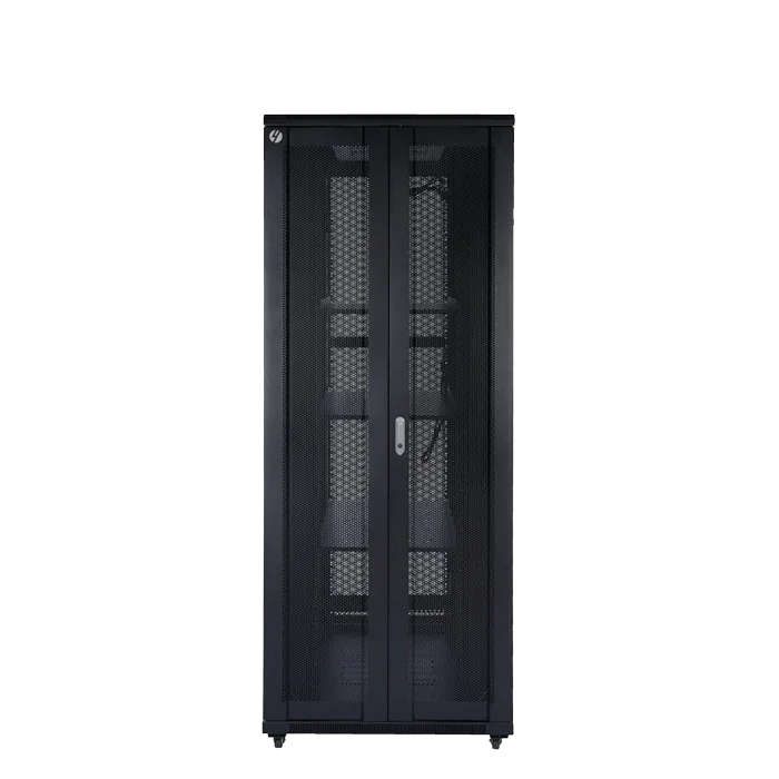 Full height 42RU server rack with bi-fold mesh door in black steel, showing front view with door closed