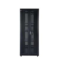 Full height 42RU server rack with bi-fold mesh door in black steel, showing front view with door closed