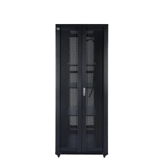 Full height 42RU server rack with bi-fold mesh door in black steel, showing front view with door closed