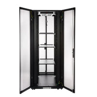 42RU premium server rack with bi-fold mesh doors on front and rear, heavy-duty rails, and castor wheels for easy mobility.