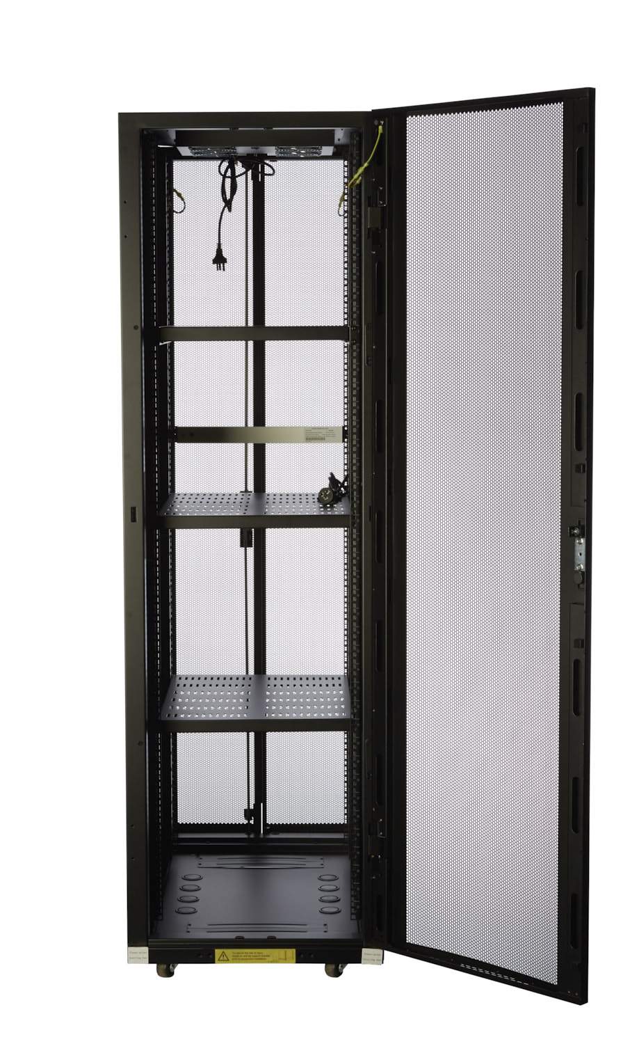 Premium 45RU server rack with front and rear mesh doors, split side panels, and caster wheels for easy mobility.