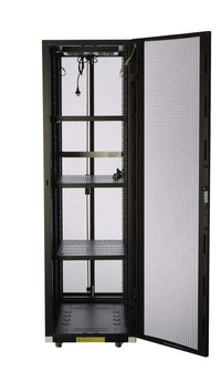 Premium 45RU server rack with front and rear mesh doors, split side panels, and caster wheels for easy mobility.