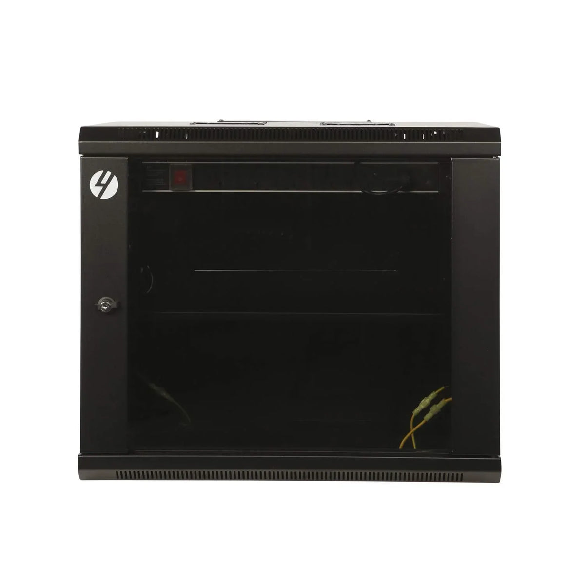 Wall mounted 9RU server rack cabinet in black, showing glass front door and lock for secure network equipment storage