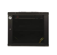 Wall mounted 9RU server rack cabinet in black, showing glass front door and lock for secure network equipment storage