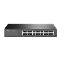 Front view of TP-Link 24-port Gigabit Ethernet switch showing multiple RJ45 ports and LED indicators