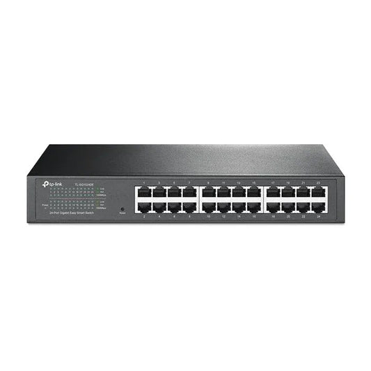 Front view of TP-Link 24-port Gigabit Ethernet switch showing multiple RJ45 ports and LED indicators