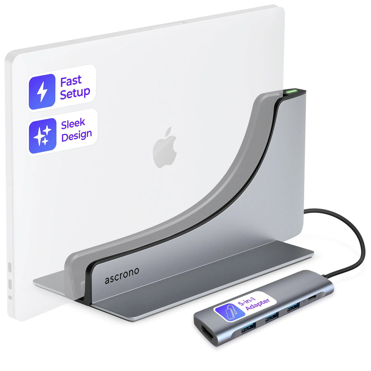 Ascrono MacBook docking station placed on a desk with one adapter connected.