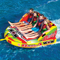 Side angle of WOW Watersports Giant Bubba Hi Vis towable featuring secure high backrest and seating.
