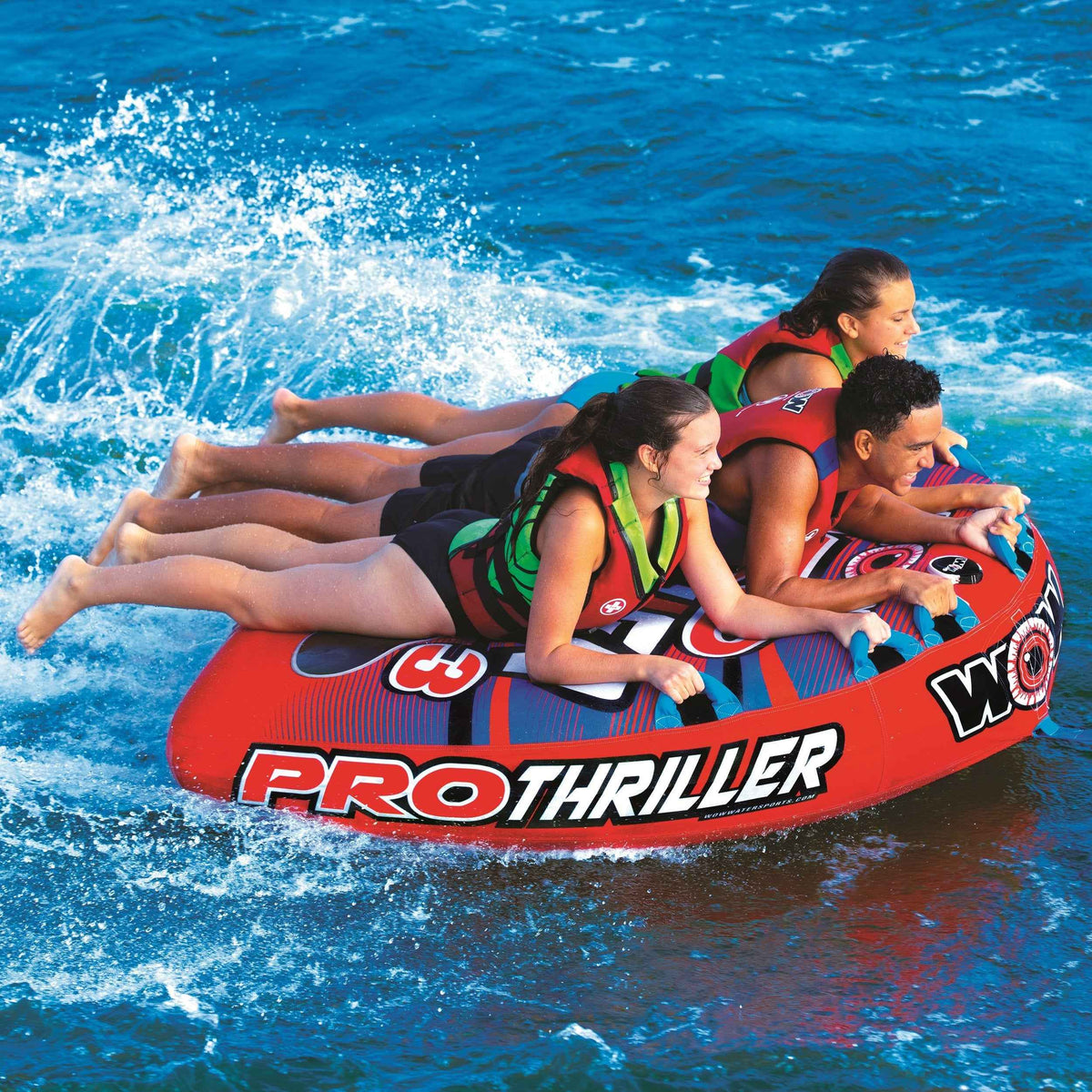 Close-up of WOW Watersports Super Thriller Pro Series Towable with bright colors and heavy-duty handles