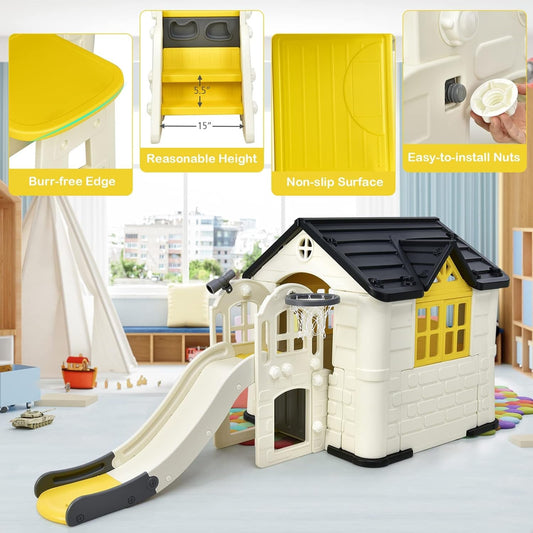 Yellow 7-In-1 Outdoor Kids Playhouse With Slide And Picnic