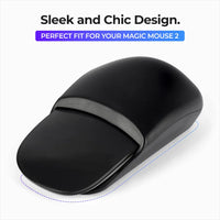 Side angle of white Magic Mouse 2 Grip docked on Apple Magic Mouse emphasizing arch support.