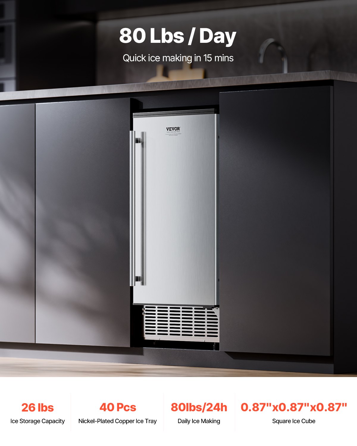 Undercounter Ice Maker 80 Lbs/Day Built-in Ice Maker Machine W/