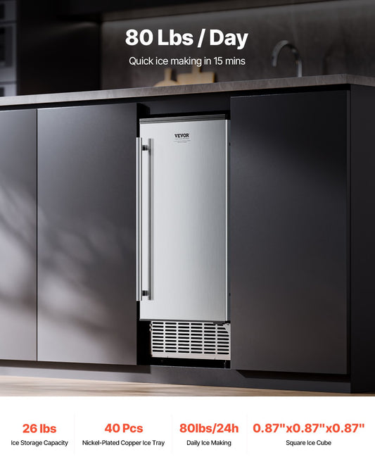 Undercounter Ice Maker 80 Lbs/Day Built-in Ice Maker Machine W/