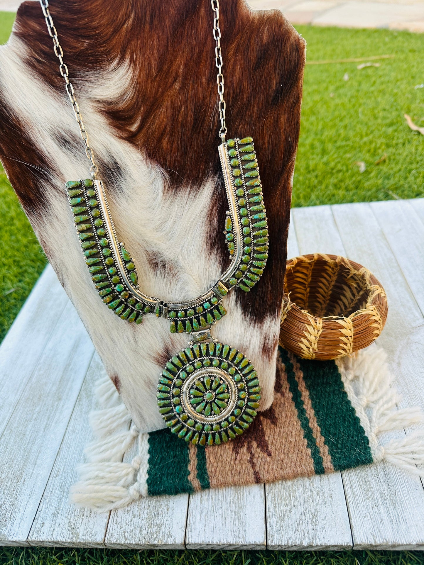 Old Pawn Handcrafted Sterling Silver and Turquoise Cluster Necklace