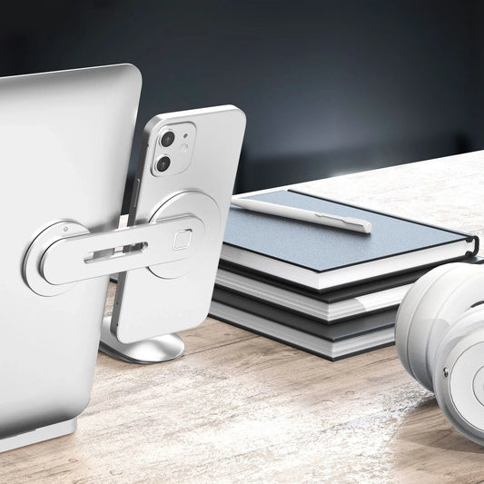 Close-up of the collapsible metal paste base laptop and cell phone mount with suction bracket.