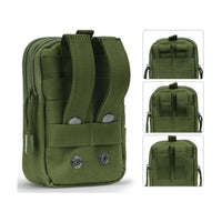 Black tactical MOLLE waist bag with multiple compartments and straps visible.