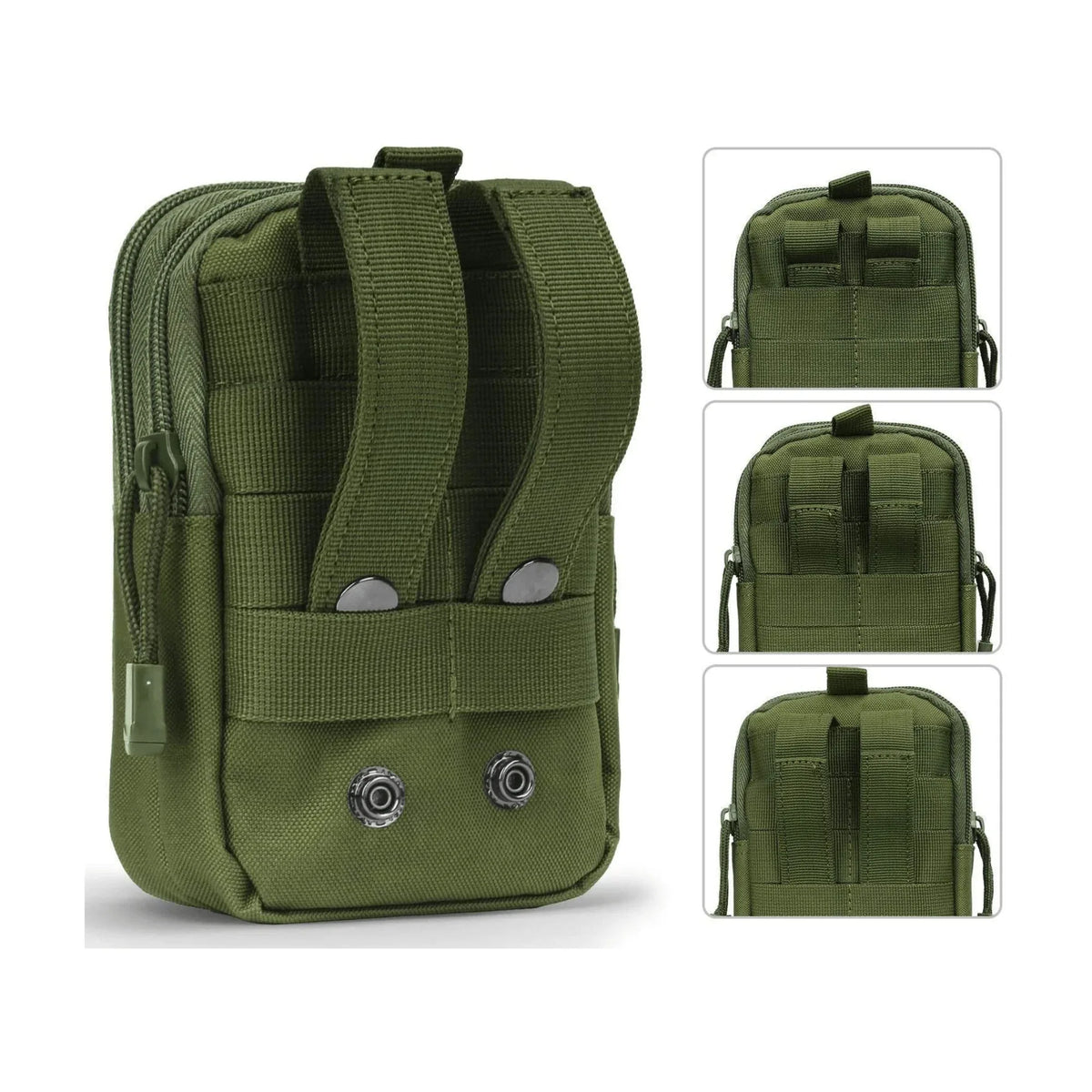Black tactical MOLLE waist pouch with straps and buckles positioned on gray textured surface.