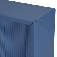 Navy blue acacia wood veneer entryway table set against white, showcasing wavy modern design