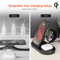 Close-up of the wireless charging dock's Apple Watch charger mount with a watch attached.
