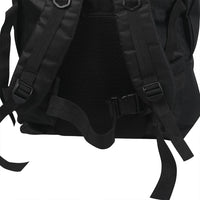 Outdoor view of backpack loaded and worn by person hiking in natural environment.