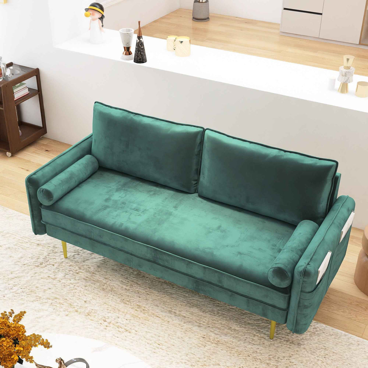 71'' Velvet Sofa,mid century couch with 2 throw pillows & pockets for