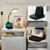 Close-up of the lamp’s touch control panel and pen holder with a smartphone charging wirelessly.