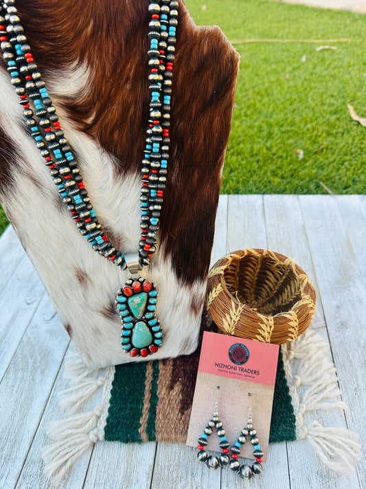Handcrafted Vintage Old Pawn Turquoise, Spiny & Sterling Silver Beaded Necklace and Earring Set