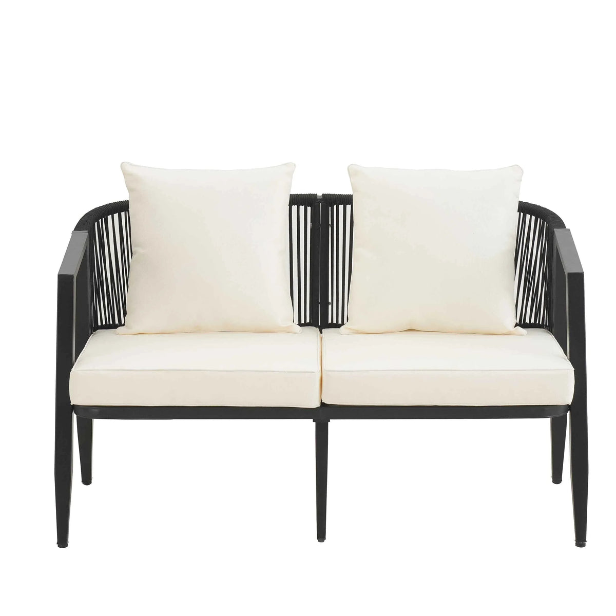 Outdoor seating set in beige with iron frames on a wooden deck showing comfort and traditional style.