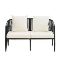 Outdoor seating set in beige with iron frames on a wooden deck showing comfort and traditional style.
