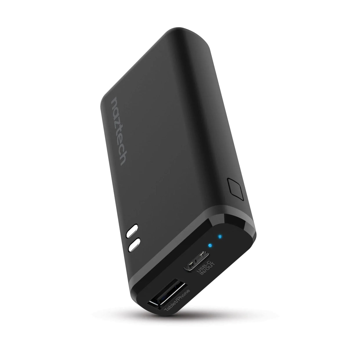 Close-up of Naztech 4000mAh USB-C power bank showing dual USB ports and compact design
