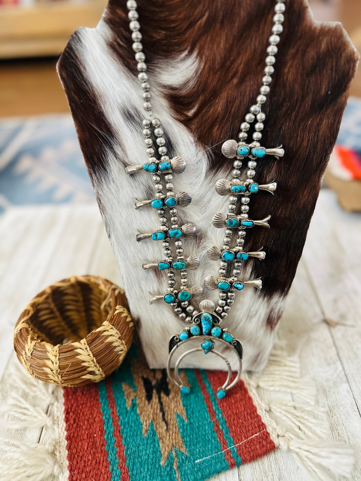 Old Pawn Handcrafted Turquoise & Sterling Silver Squash Blossom Necklace