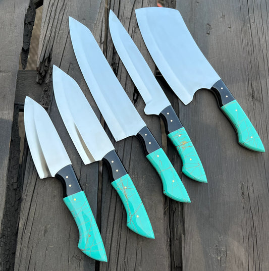 Stainless Knife Set – 13" Forged Stainless Steel Blade with Epoxy Resin Handle & Leather Sheath