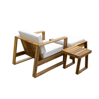 Top view illustration showing dimensions of acacia wood lounge chair and ottoman