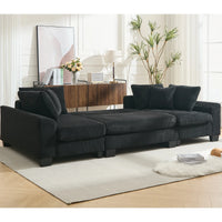 Large black U-shaped corduroy sleeper sofa with square arms and plush seating, shown as a pull-out bed.