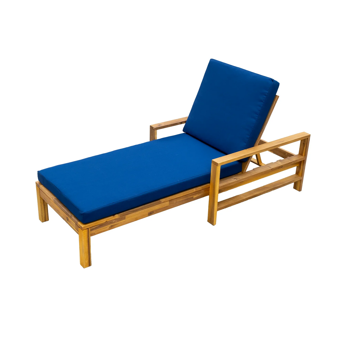 Outdoor lounge chair made of natural acacia wood with adjustable backrest and blue cushions.