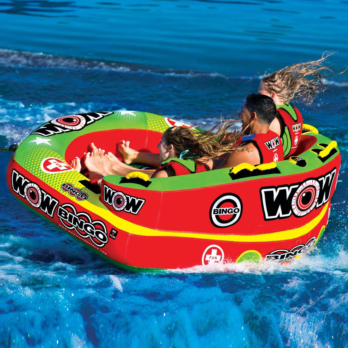 Side angle of Bingo towable tube illustrating deep seating area and high back support.