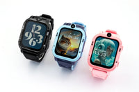 Front view of a 4G Android kids smartwatch with a colorful display showing time and app icons.