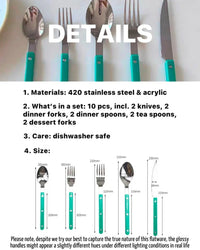 Blue-green French rivet cutlery set organized in rows on a simple gray background.