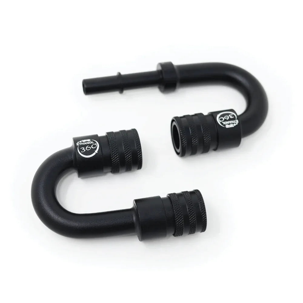 Close-up of ethanol 360 fuel line fittings showing metal connectors and quick connect design