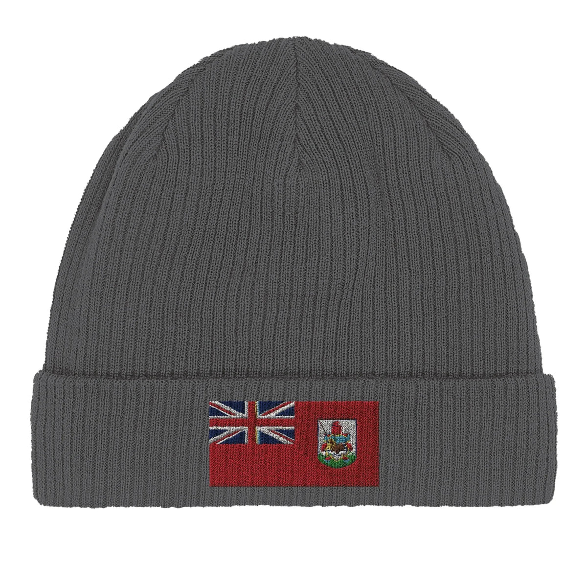 Green organic cotton beanie showing its stretchable ribbed texture