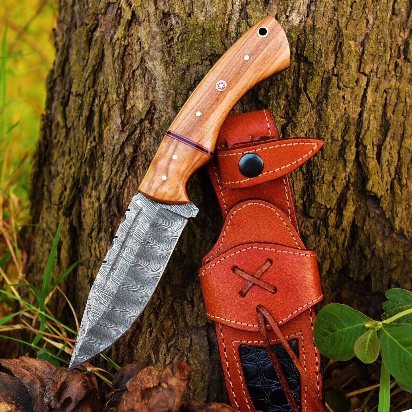 Custom Handmade 10" Damascus Steel Hunting Knife with Olive Wood Handle & Leather Sheath