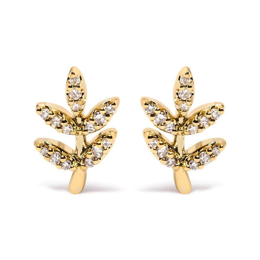 10K Yellow Gold 1/10 Cttw Diamond Accented Leaf and Branch Stud Earrings (H-I Color, I1-I2 Clarity)