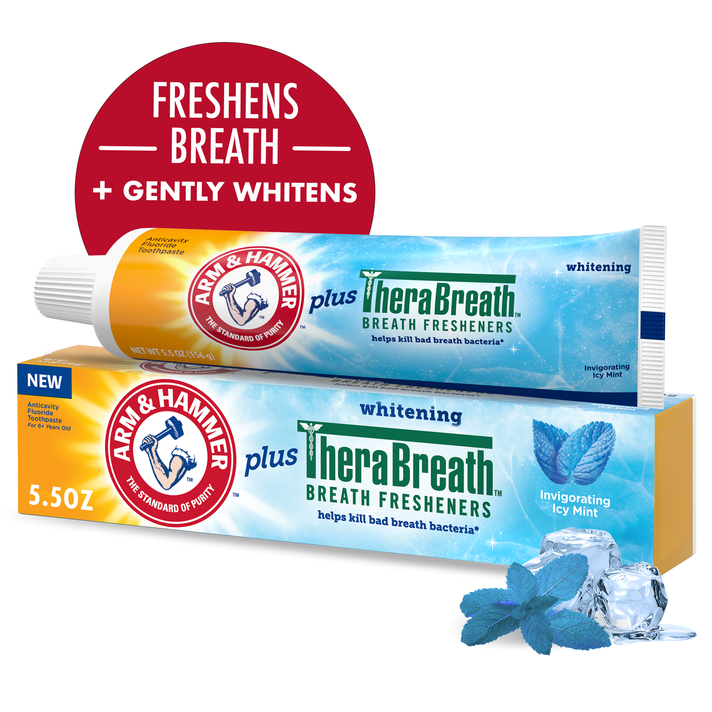 Arm & Hammer Plus TheraBreath Toothpaste, Fluoride, Anticavity, Whitening, Breath Fresheners, Invigorating Icy Mint, 5.5 Ounce