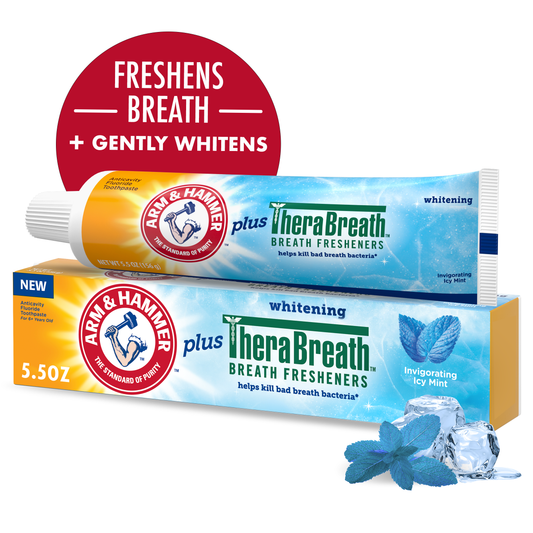 Arm & Hammer Plus TheraBreath Toothpaste, Fluoride, Anticavity, Whitening, Breath Fresheners, Invigorating Icy Mint, 5.5 Ounce