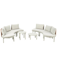Detailed shot of aluminum frame and woven rattan of outdoor sectional sofa
