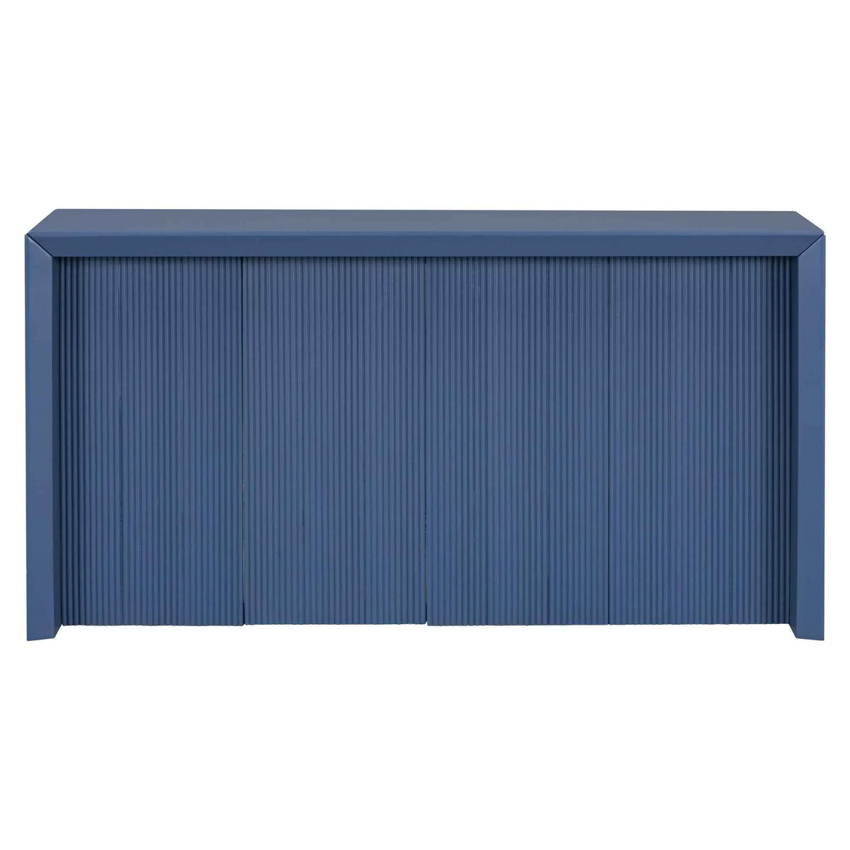 Front view of simple navy blue entryway table made of acacia wood veneer with wavy edges