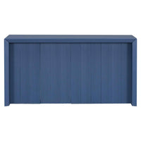Front view of simple navy blue entryway table made of acacia wood veneer with wavy edges
