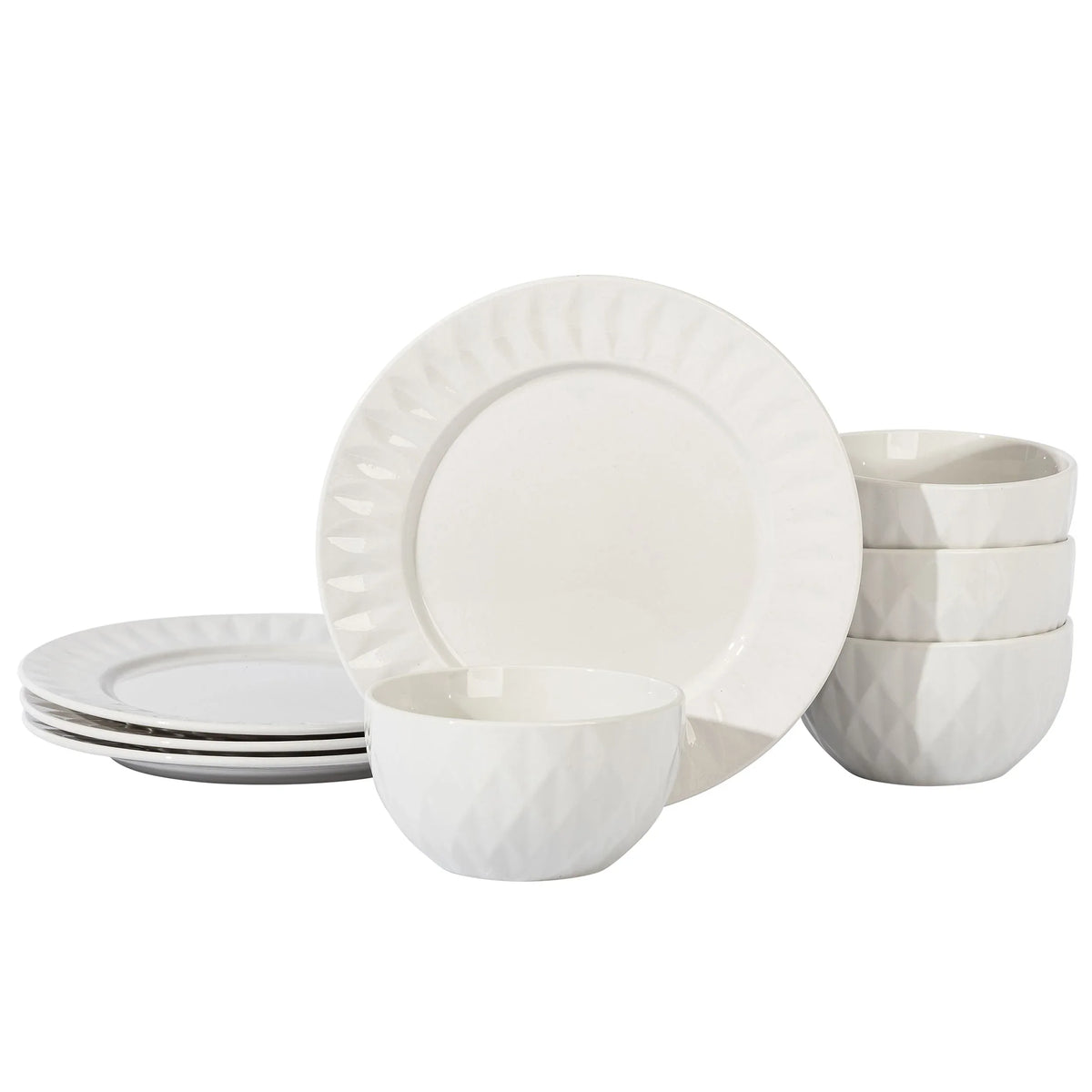 White ceramic 8-piece dinnerware set with simple geometric patterns displayed on a white surface.