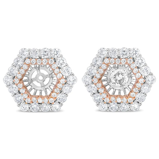 14K Rose and White Gold 1 7/8 Cttw Round Diamond Double Halo Earring Jacket for 6mm Round Studs (G-H Color, VS2-SI1 Clarity)